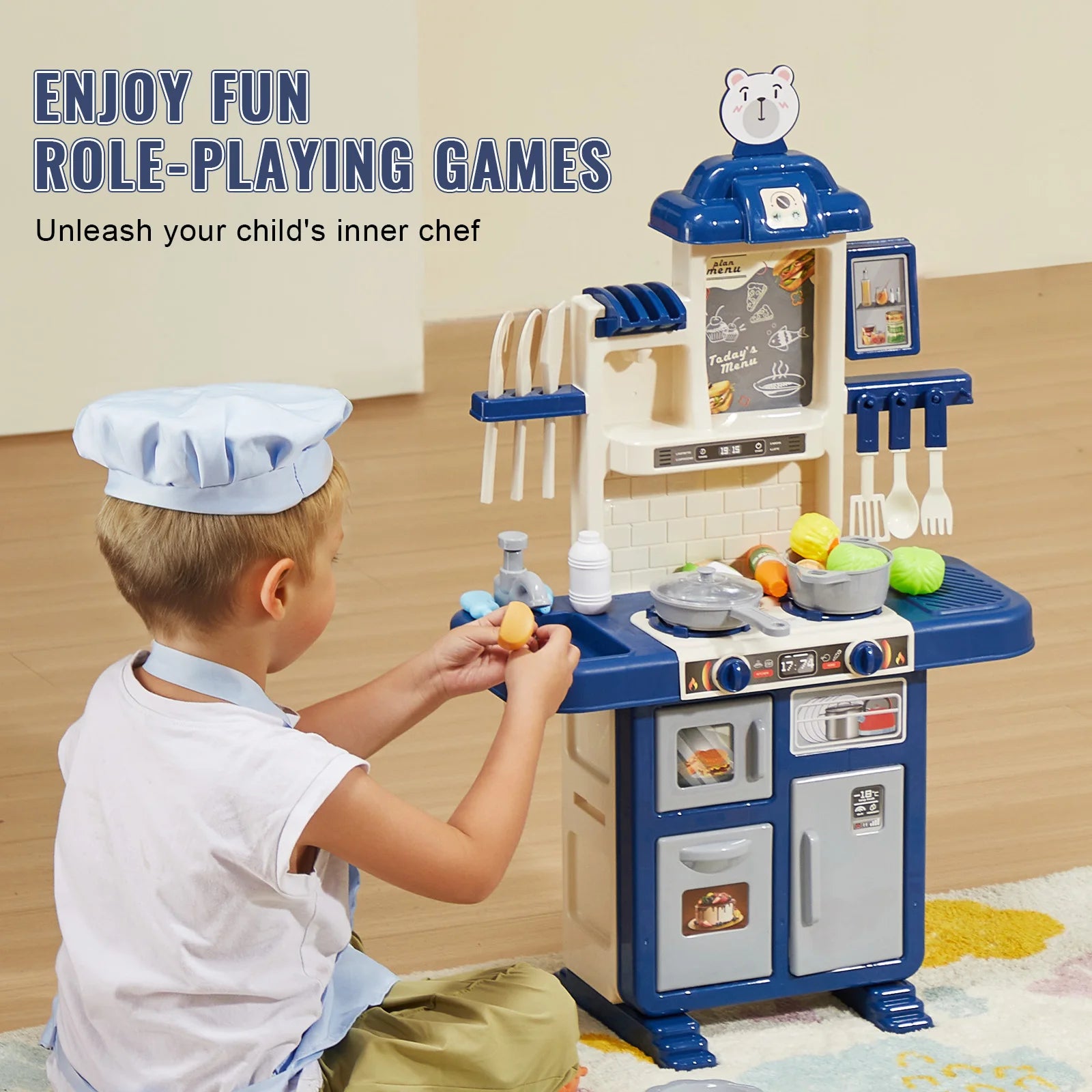 Kids Kitchen Playset 48PCS Pretend Cooking Toy with Lights & Water Sink
