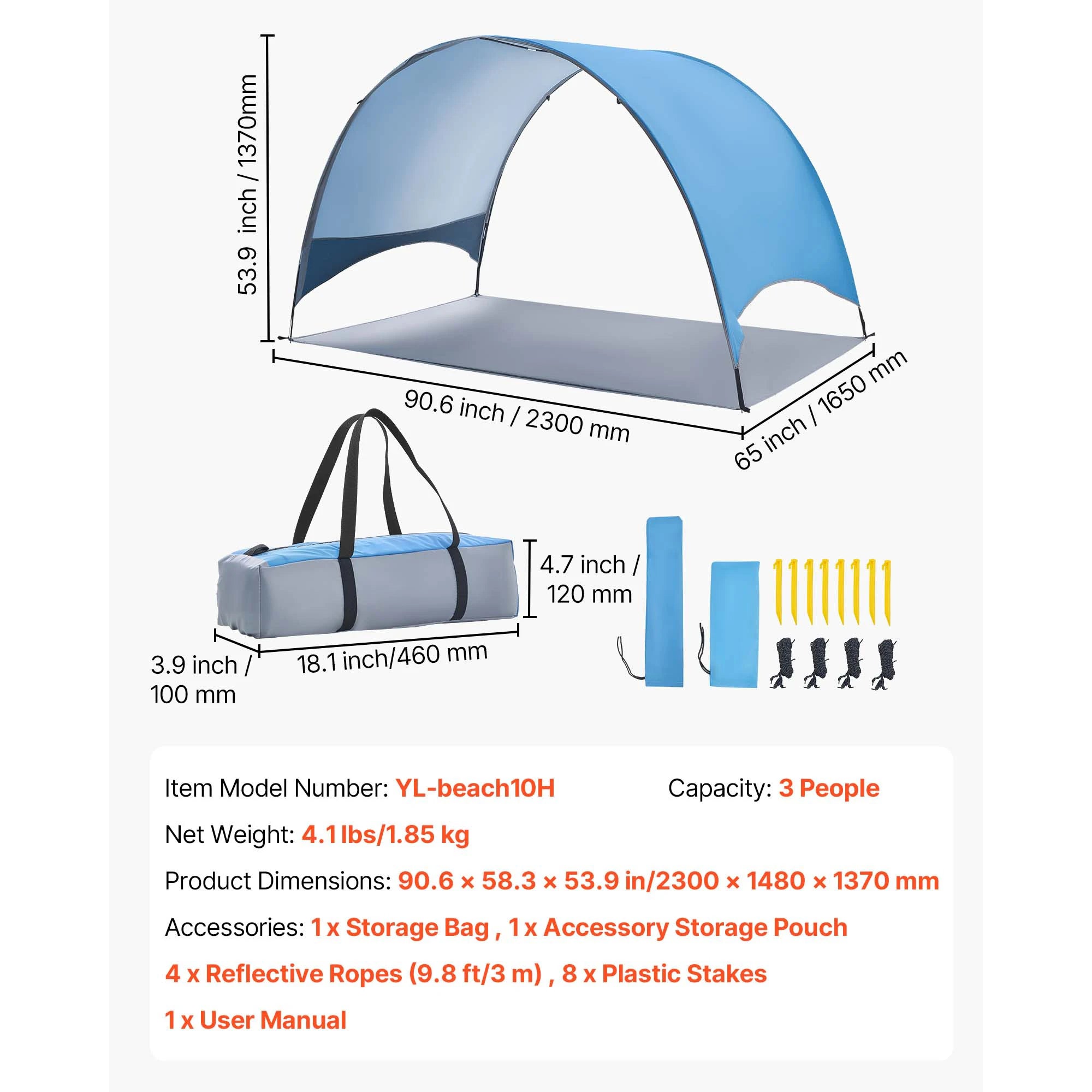 SucceBuy Strandtelt Solskærm til 3/4 person UPF 50+ beskyttelse Portabelt solskærm canopy til camping, fiskeri, udendørs, picnic