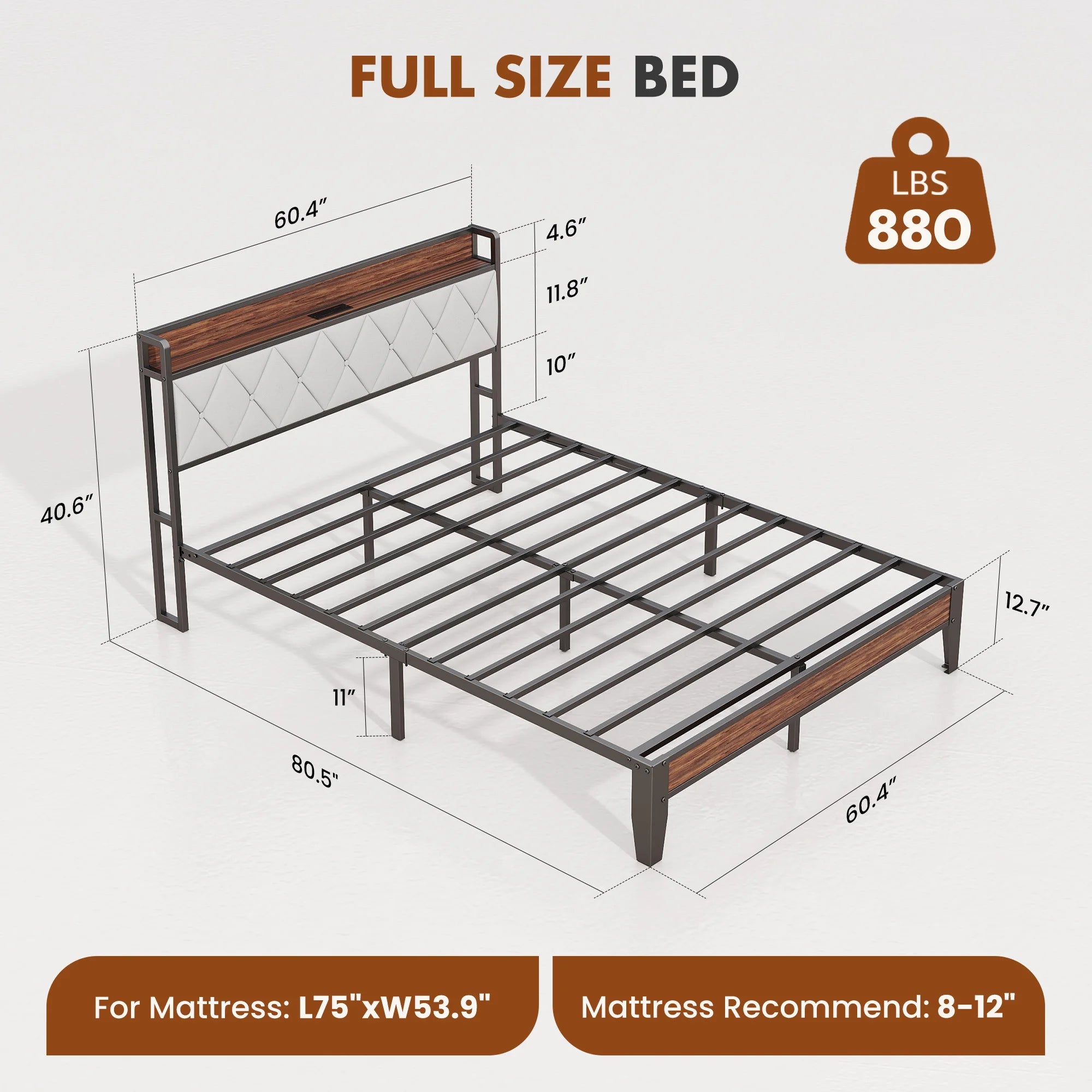 King Size Metal Bed Frame with Storage & Charging Headboard