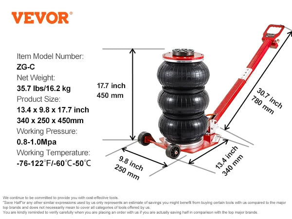 Cric pneumatique à sac d'air 3 tonnes levage rapide avec roues