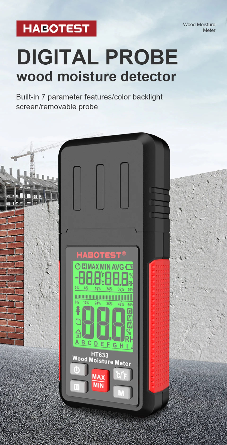 Wood Moisture Meter, Digital Humidity Meter with 3 Colours Backlit LCD,Moisture Meter Detector for Walls,Logs,Firewood,Building