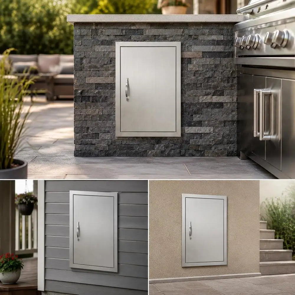 Porta de Acesso a Grill, 457 x 610 x 45 mm, Porta Externa Individual, Porta em Aço Inoxidável embutida, Porta Vertical com Pega, para Ilha de Grelha/Estação de Grelha Armário Externo