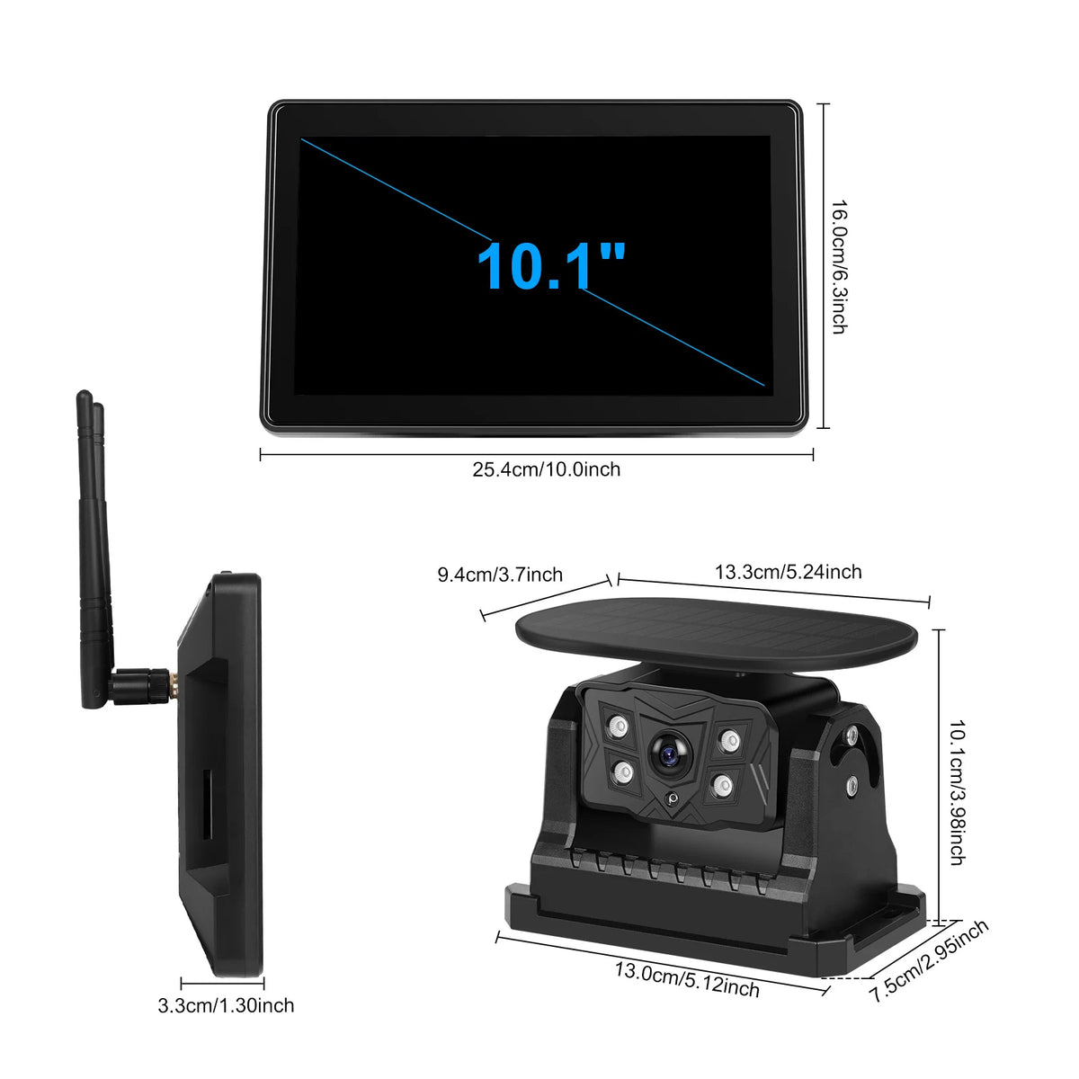 Podofo pantalla HD IPS de 10.1 pulgadas Monitor de reversa para coche + cámara reversa inalámbrica solar con grabación 720P