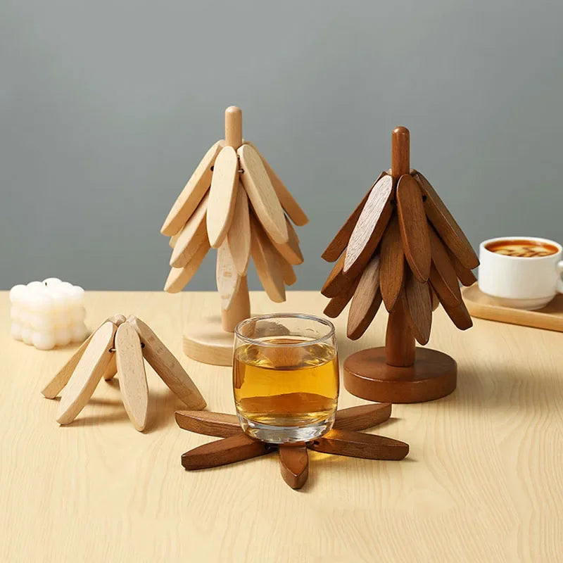 4PCS Bamboo Wooden Tree Design Stand Table Mat Coaster Wood Placemats Pot Trivets Decorative Anti Scald Heat Resistant 