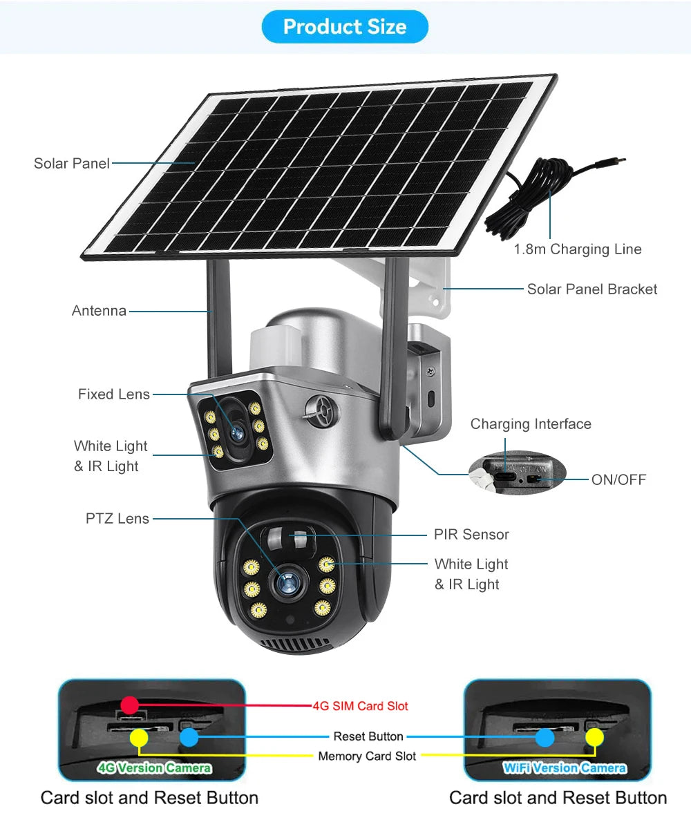 Solar Security Camera Dual Lens 8MP 4K Outdoor WiFi 4G