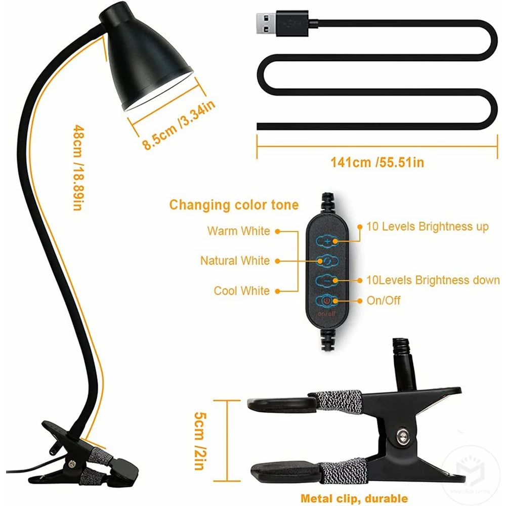 Clamp Desk Lamp, Clip on Reading Light, 3000K-6500K Adjustable Color Temperature Eye-Caring for Home Office Bedside Reading