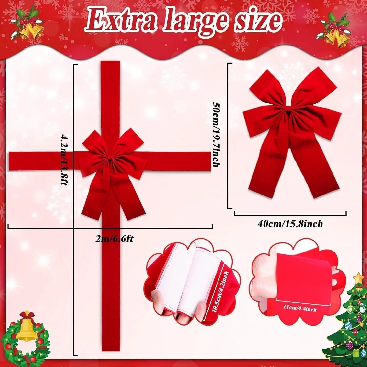 Christmas Large Red Organza Bow Front Door Hanging Decor DIY Xmas Gift Ready Made Bow for Wedding New Year Ribbon Bow 