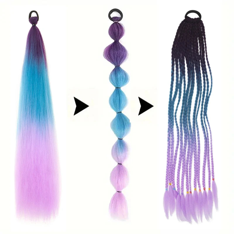 26Inch Synthetic Ponytail Extension with Elastic Tie Hair Band Long Yaki Straight Colored Braiding Ponytail Ombre Colors 