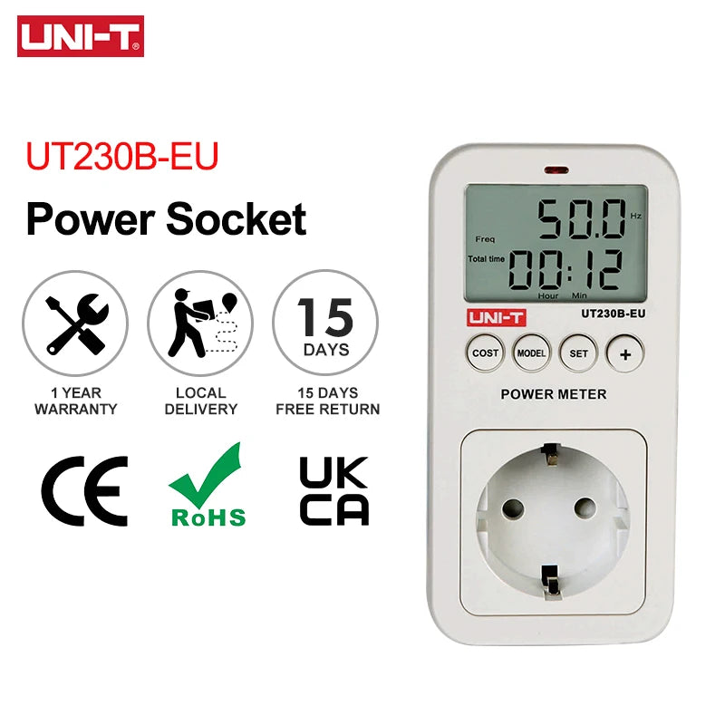 UNI-T UT230B-EU energimätare, spännings-, ström-, kostnads-, frekvens- och effektmätare med LCD för övervakning av energiförbrukning