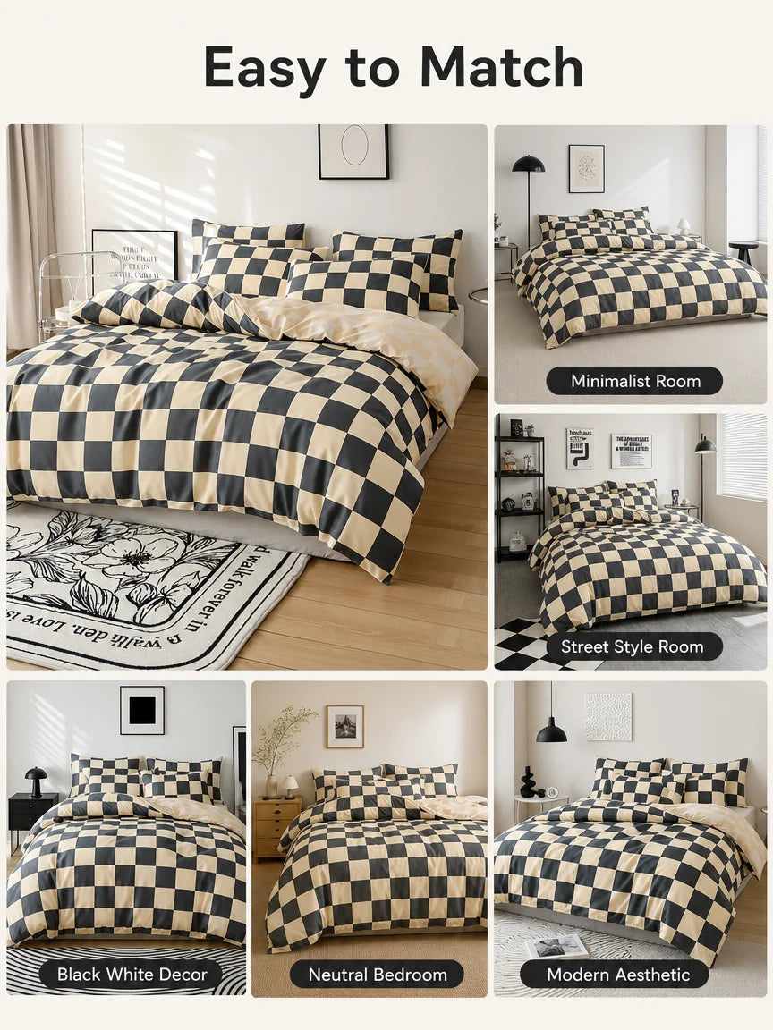 Black and Beige Checkered Duvet Cover 3-Piece Set, Modern Checkered Bedding Set, Soft Bedspread with Pillowcases, Available for Single, Double, King, and Queen Beds