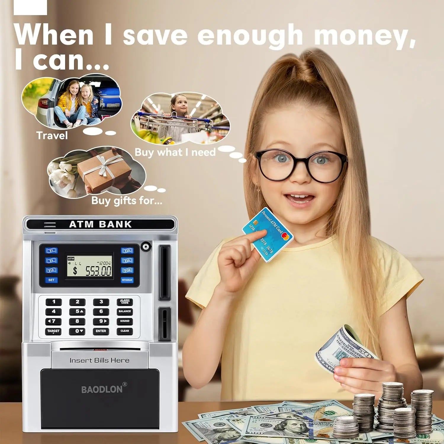 Kids ATM Piggy Bank for Real Money with Debit Card, Bill Feeder, Coin Recognition, Balance Calculator