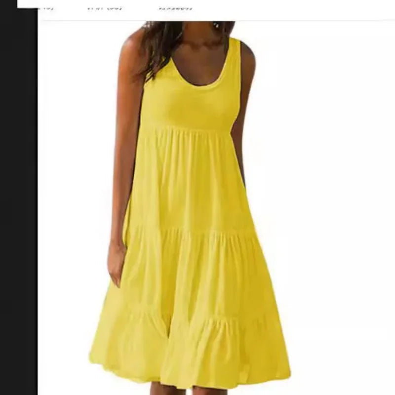 Bohemian Women's Casual O Neck Sleeveless Ruffle Mini Dress Solid Color Beach Tank Top Oversized Loose Dress Plus Size Women3029 