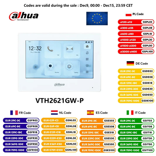 Dahua VTH2621GW-P VTH2621G-P 802.3af PoE 7inch Touch Indoor Monitor,doorbell Monitor,Video Intercom, Built-in 32GB SD card Spy-shop.com