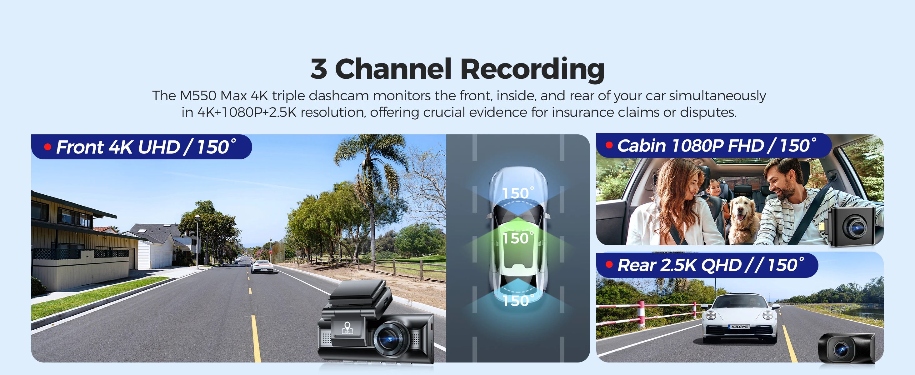 4K 3 Channel Dash Cam with WiFi, GPS, IR Night Vision and Parking Mode