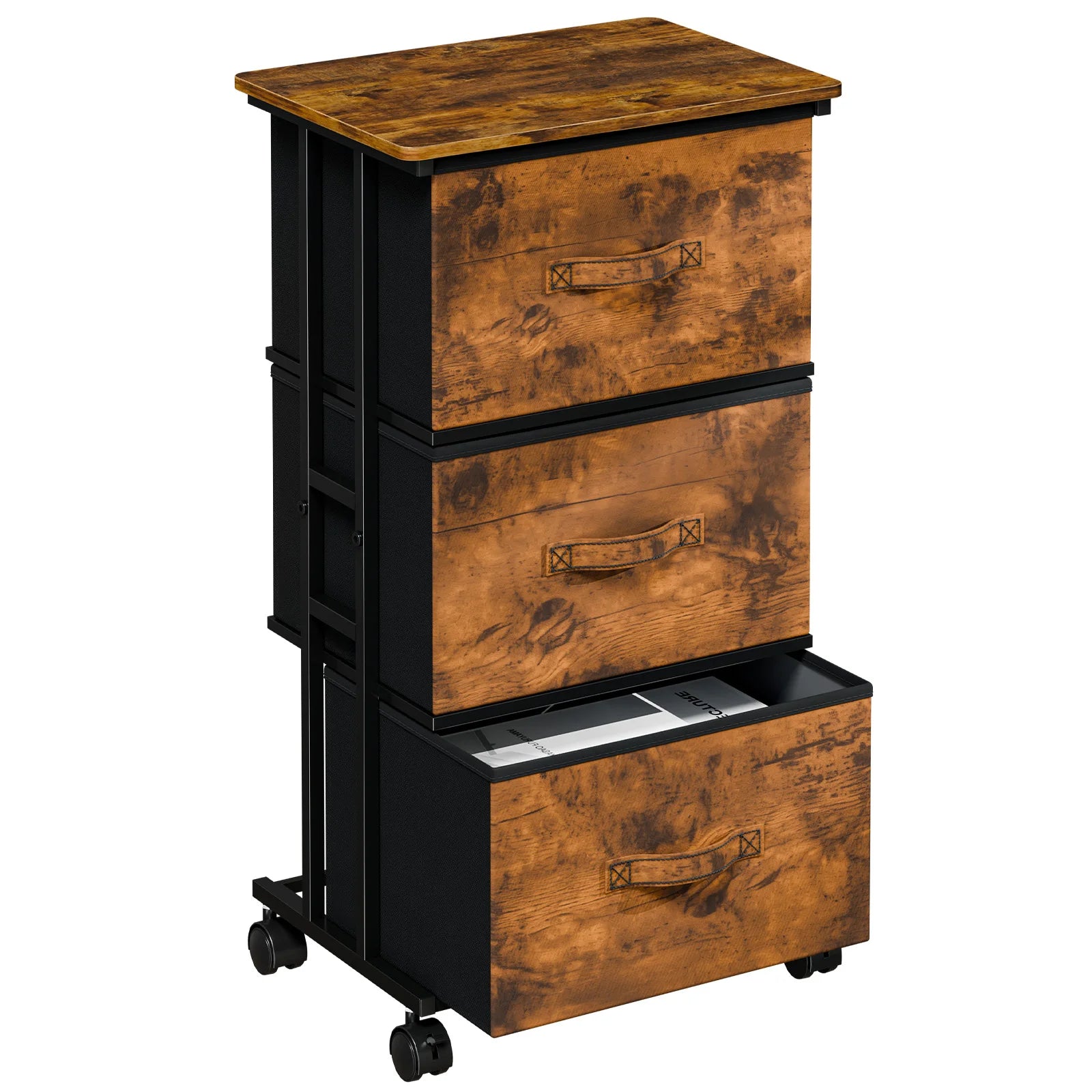 5 Drawer Fabric Storage Cabinet with Wooden Top & Rolling Design