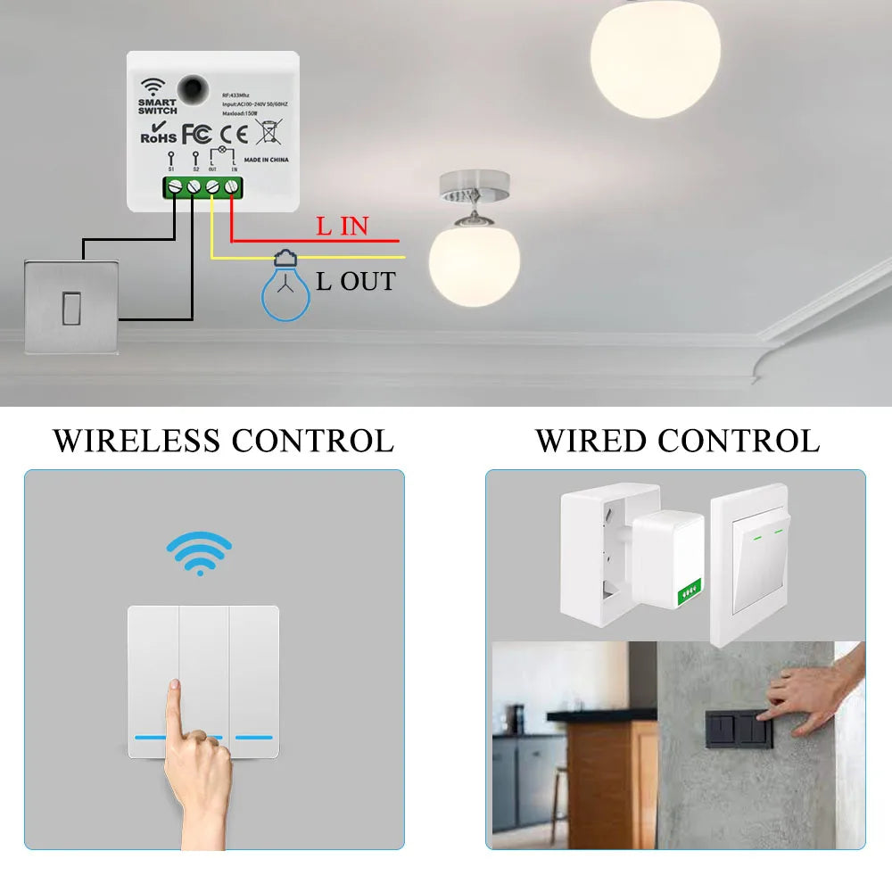 Módulo de interruptor de luz RF, opções de embalagem de 1/2 canais