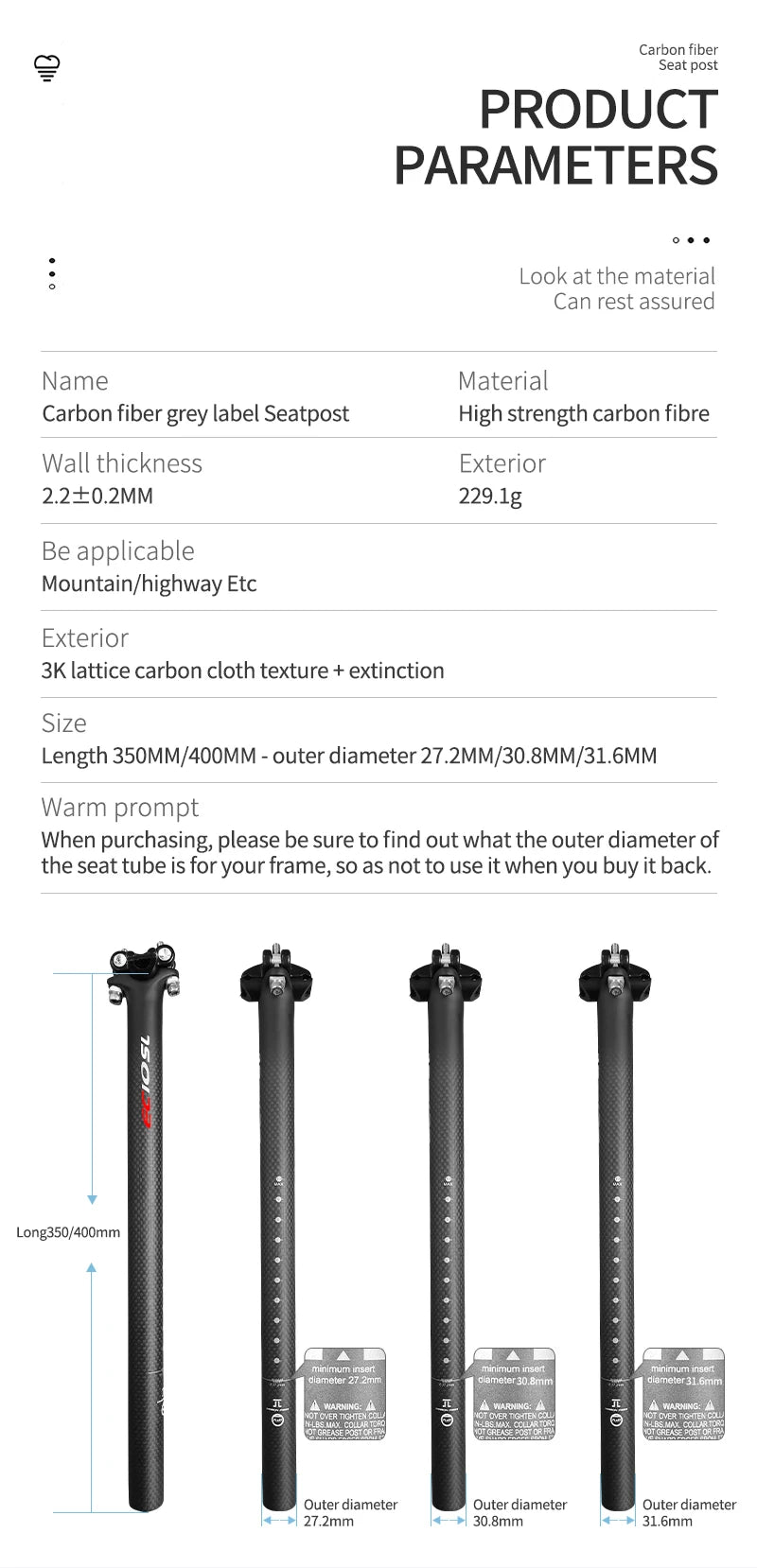 Sadelpind i kulfiber til cykel 27,2/30,8/31,6 mm 350/400 mm