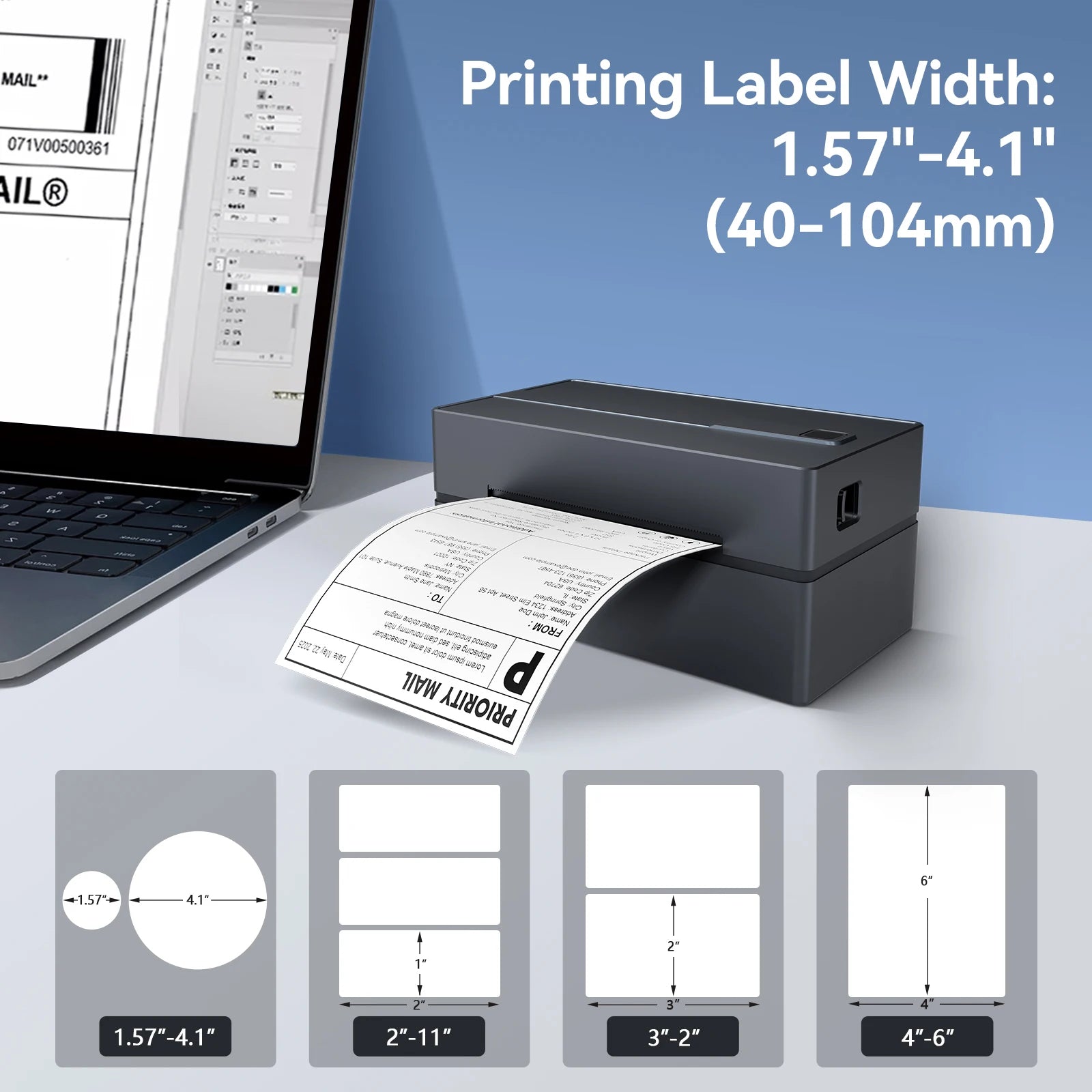 4x6 Thermal Label Printer No Ink Bluetooth USB 203 DPI Fast Print