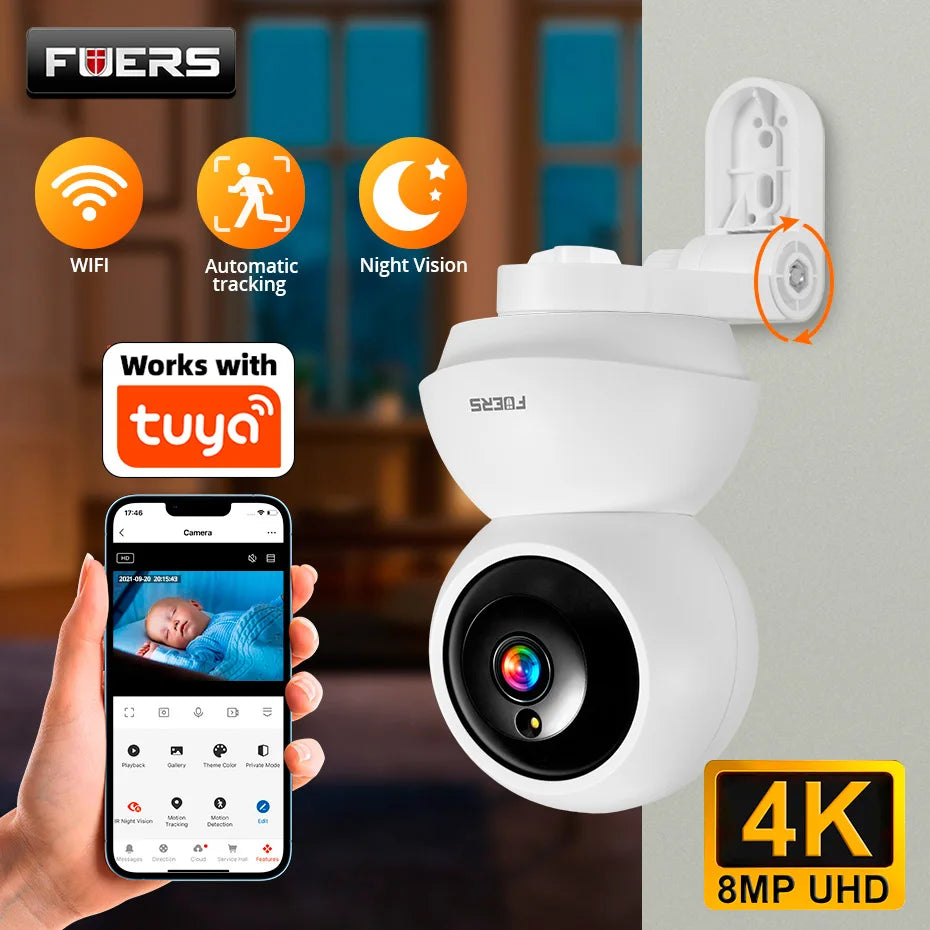 Caméra de sécurité intérieure WiFi 4K 8MP avec suivi automatique et contrôle via application