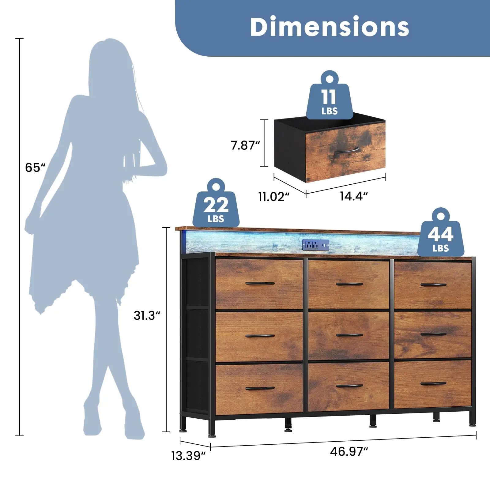 TV Stand Dresser with 9 Drawers, LED Lights & Charging Station