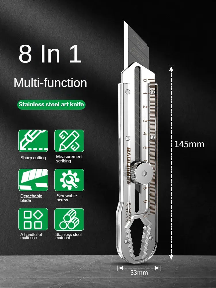 Utility Knife Box Cutter 8 In 1 Mutipurpose Stainless Steel Retractable Heavy Duty Waterproof Snap off Cutter Knife And Blades 