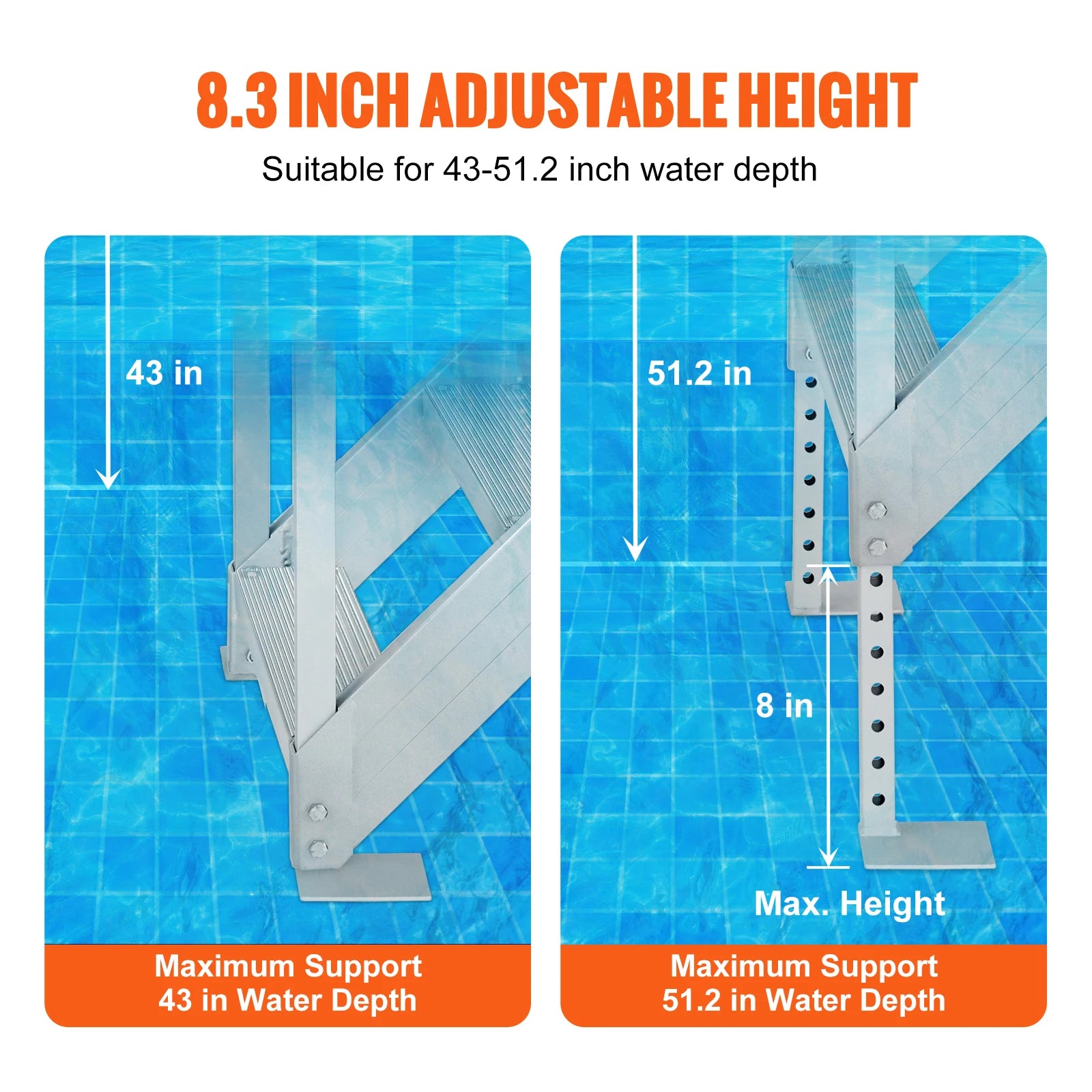 SucceBuy 4/6 Step Dual Handrails Dock Ladder Aluminum with Rubber Mat 30"-39" Adjustable Height for Lake Marine Boarding Pool