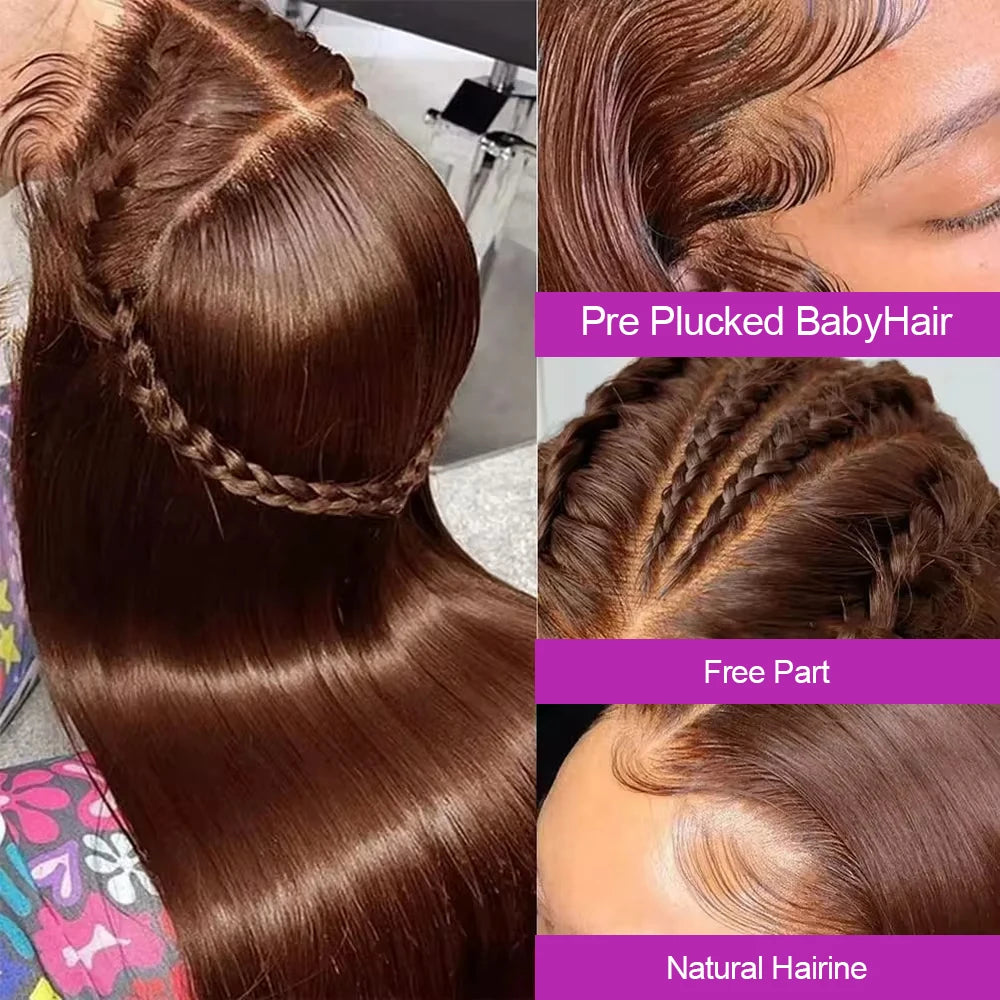 HD Chocolate Brown 13x4 Bone Straight Lace Front Wig Remy Brazilian 13x6x1 Lace Frontal Wigs For Women Human Hair Preplucked 