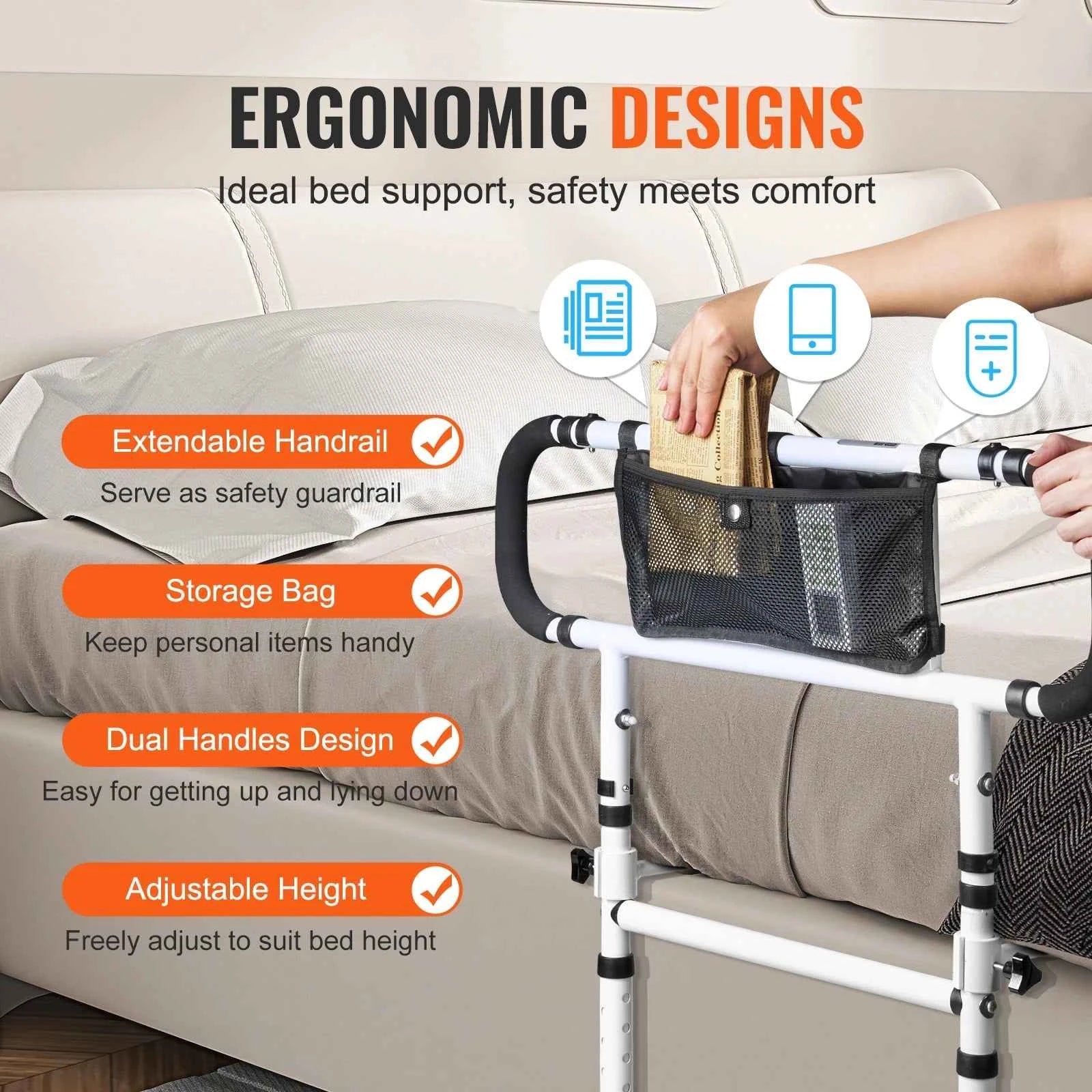 SucceBuy Bed Rails for Elderly Adults Foldable Bed Assist Rails for Seniors Loading Bed Side Rails Bed Cane w/ Adjustable Handle