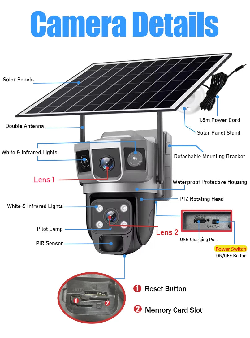Dual Lens Three Screens WIFI Solar Camera 12MP 10X Zoom CCTV Outdoor Automatic Tracking Humanoid Detection Support PTZ IP66 Cam 