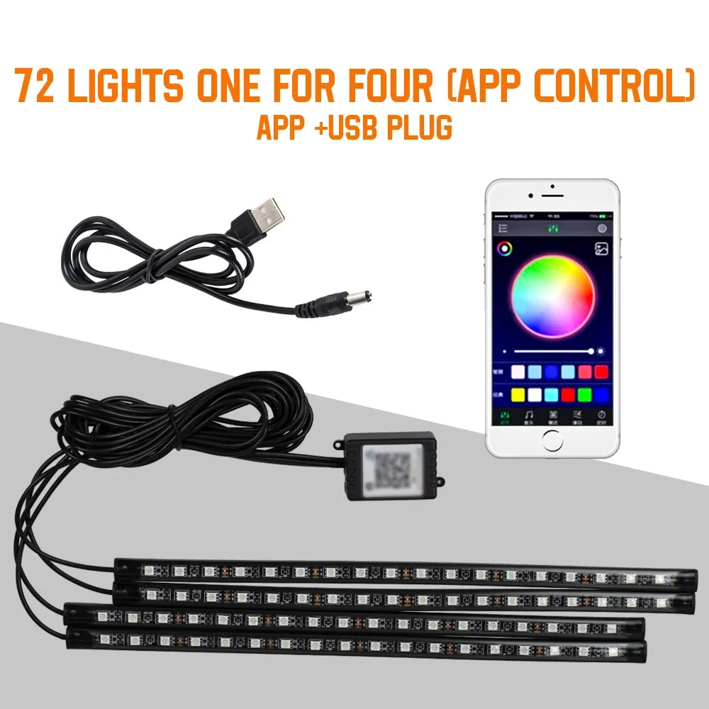 Neon 36 48 72 LED Car Interior Ambient Foot Light Wireless Remote Music APP Control Auto RGB Atmosphere Decorative Lamp 