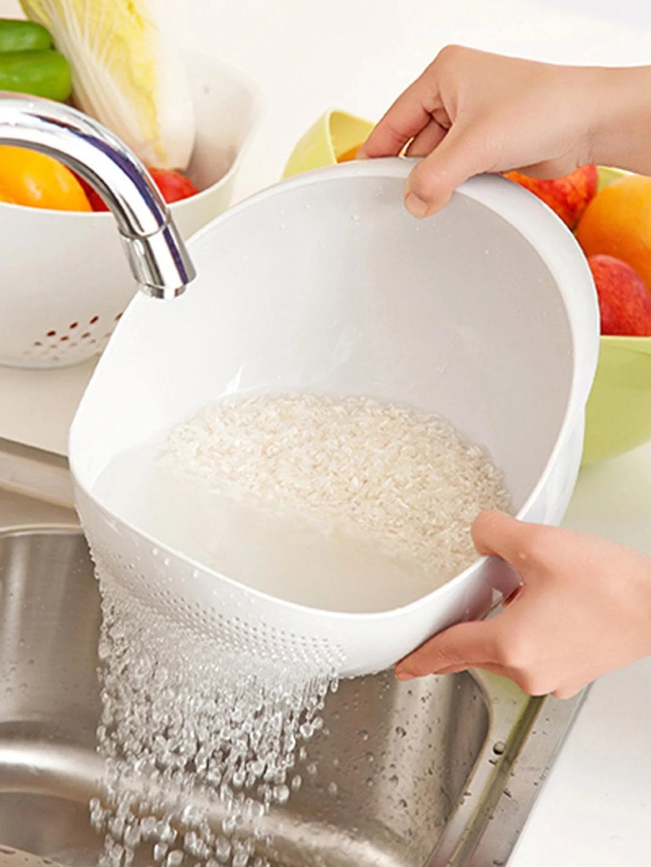 1/3pcs- Colander Rice Bowl Drain Basket Fruit Bowl Washing Drain Basket with Handle Washing Basket Home Kitchen Organizer 