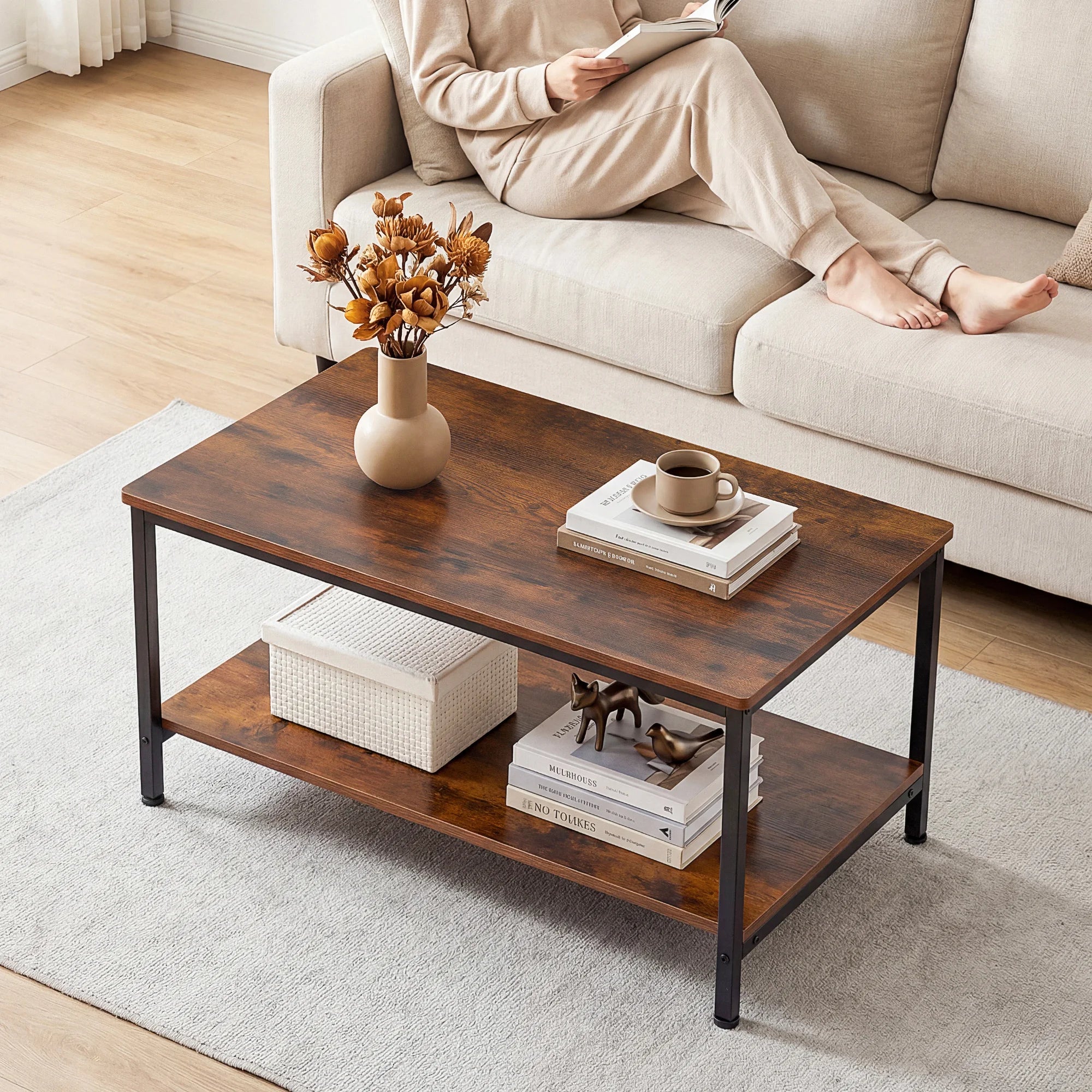 31" Wood Coffee Table with 2-Tier Storage Shelf for Living Room