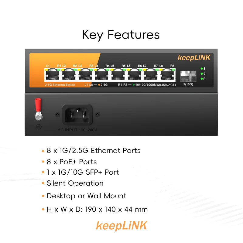 KeepLiNK 9-Port Multi-Gigabit Switch with 8-PoE 2.5Gb Ethernet and 1-SFP+ 10Gb Uplink 