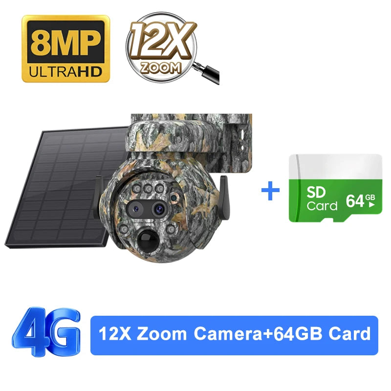 SHIWOJIA 12X ZOOM 4K 8MP Solar Camera Dual lens 4G 360° View Camouflage Color Outdoor Hunting Camera 7800mAh Battery Ubox app 