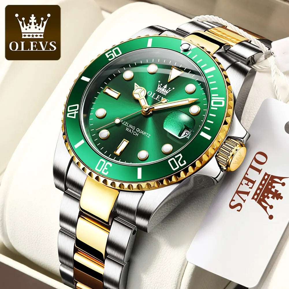 OLEVS Top Original Men Quartz Watch Green Waterproof Watch for Men Stainless Steel Quartz Men Luxury Watch Luminous Wristwatch 