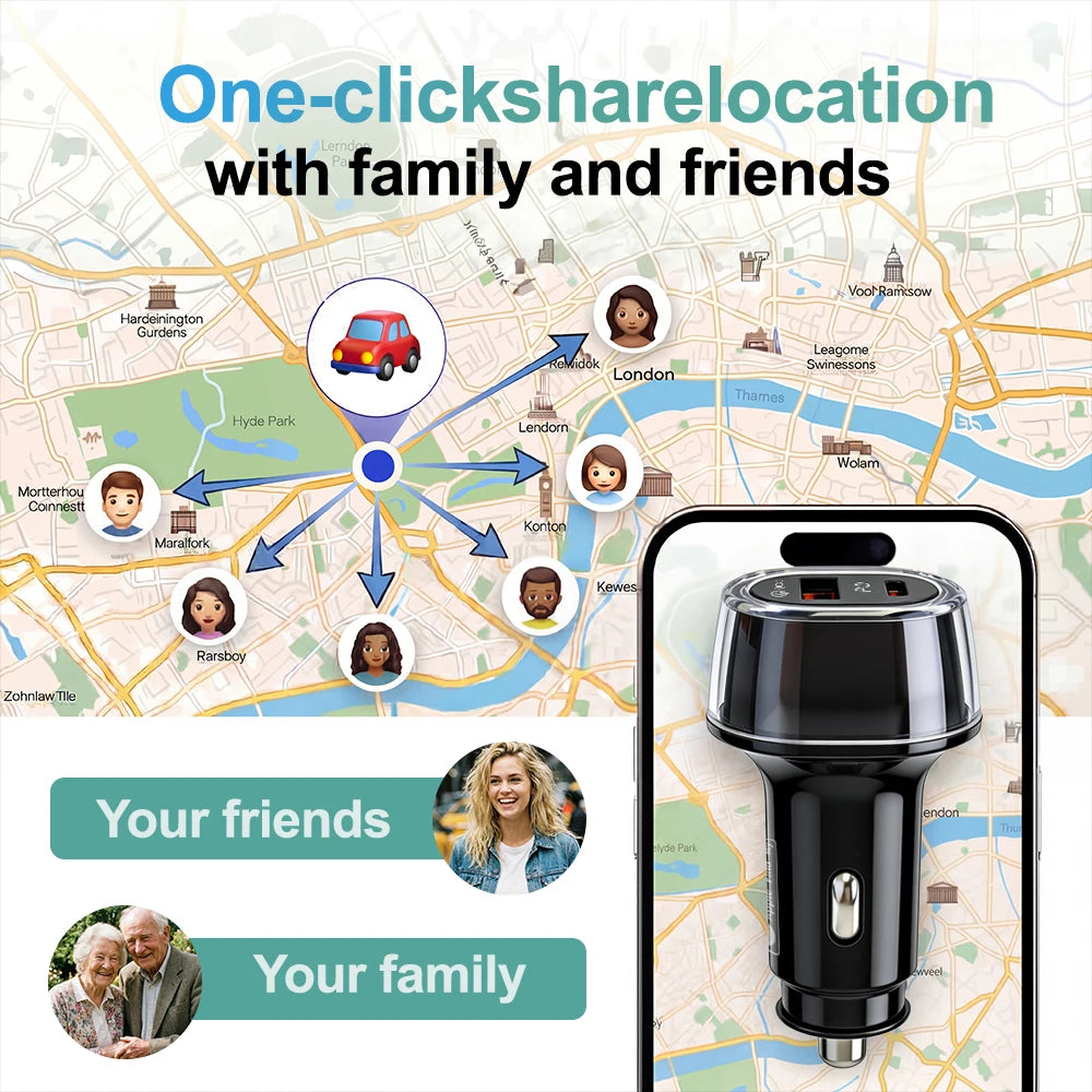 Car Charge GPS Locator Tracker 30W USB Phone Charger Fast Charging Type C QC3.0 Works with iOS Find My APP,Google,Android