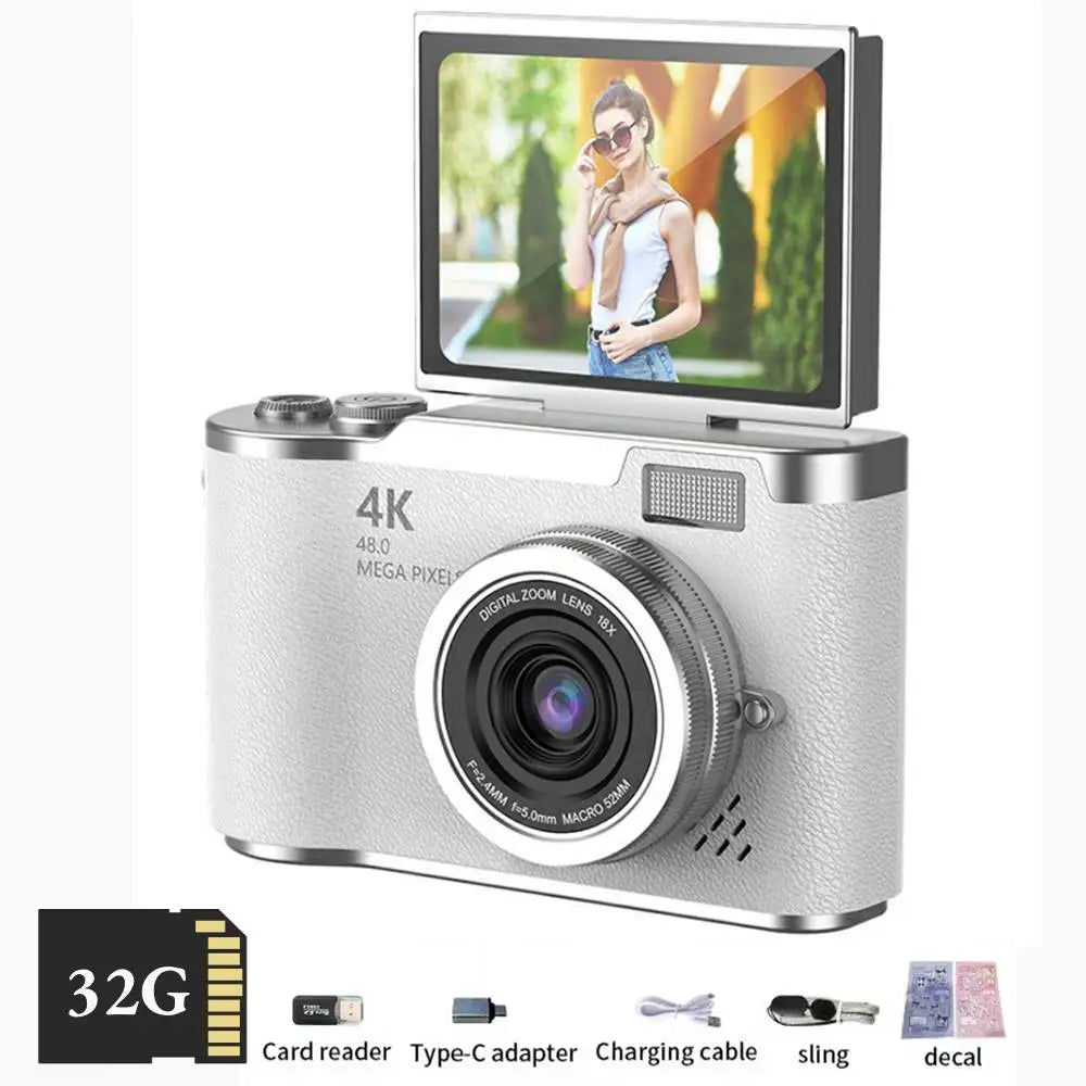 4K Digital Camera with 48MP, 8X Zoom, 180° Flip Screen, 32GB Card