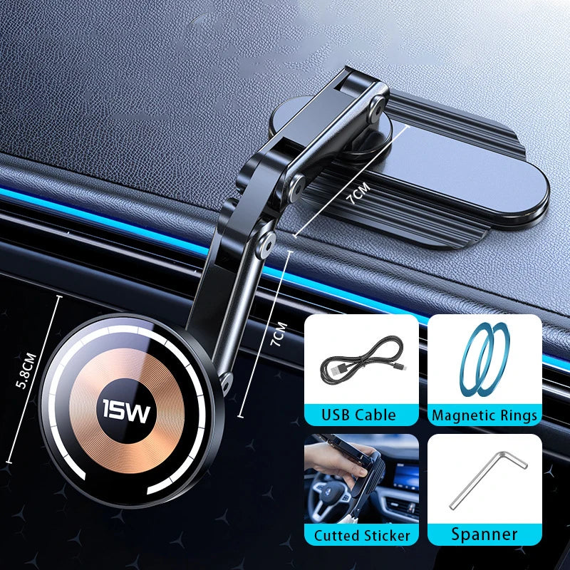 Magnetic Car Phone Mount for iPhone 12–15, Charging Options