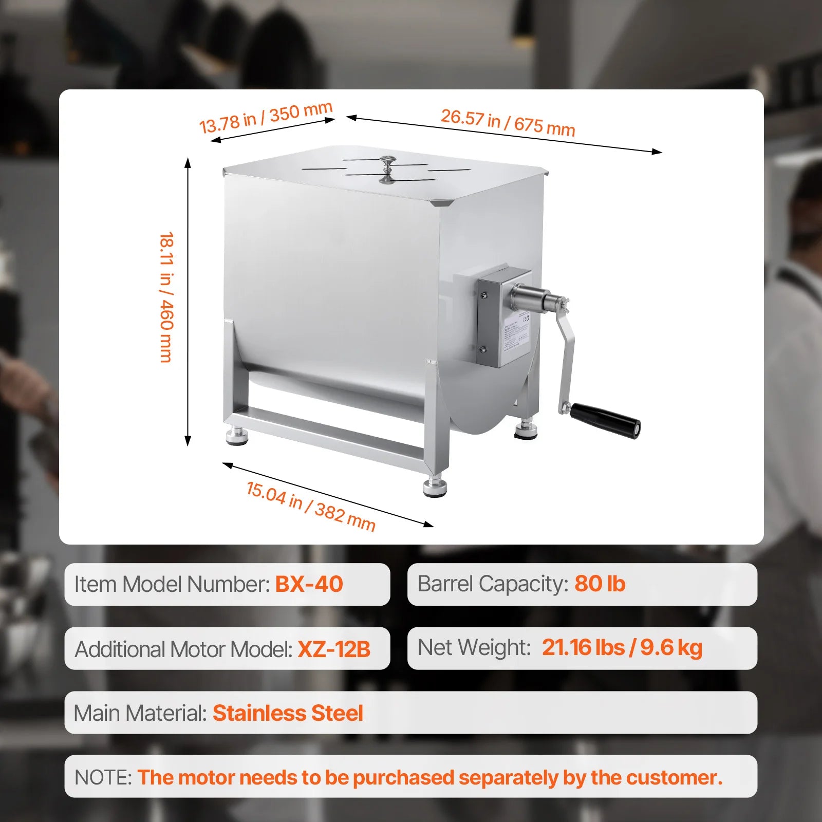 Manual Meat Mixer with Lid, Handle and Gear Reducer