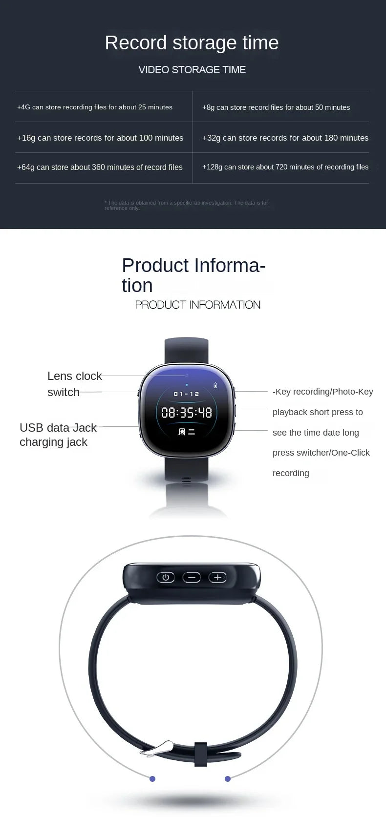 1080P Watch Mini Camera Audio Video Sound Voice Recorder Micro Smart Watch 4-128GB Sport DV Noise Reduce Recording Smart Watch