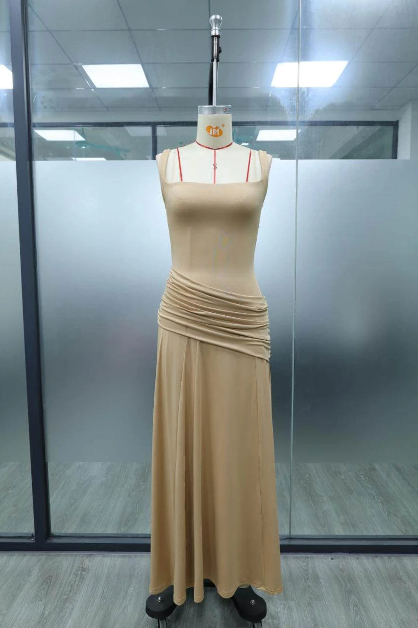 Women’s Elegant Ruched Backless Maxi Dress with Square Neck