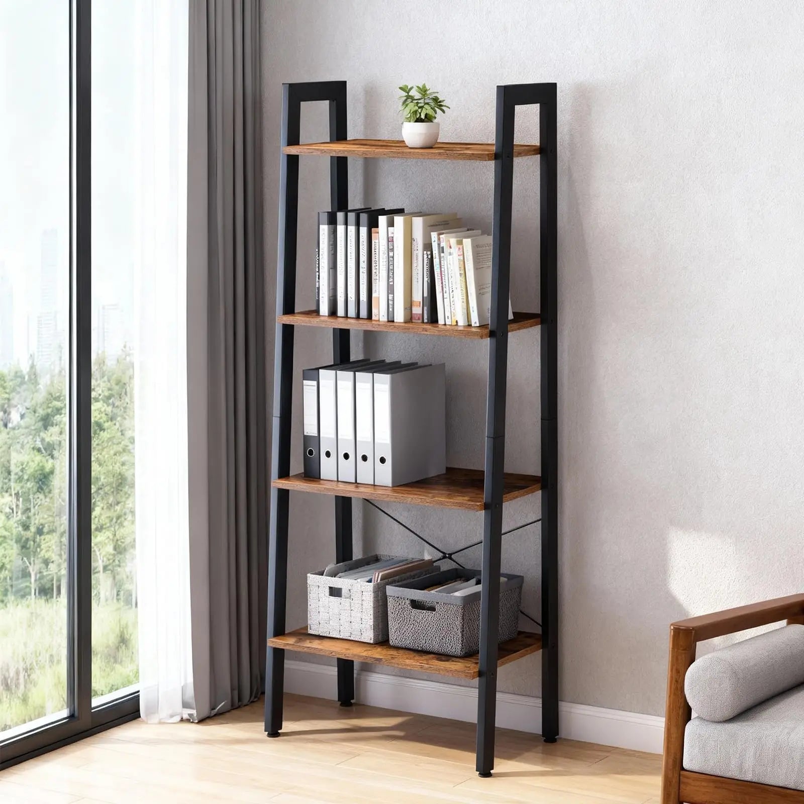 4-Tier Ladder Bookshelf with Wood Shelves and Metal Frame