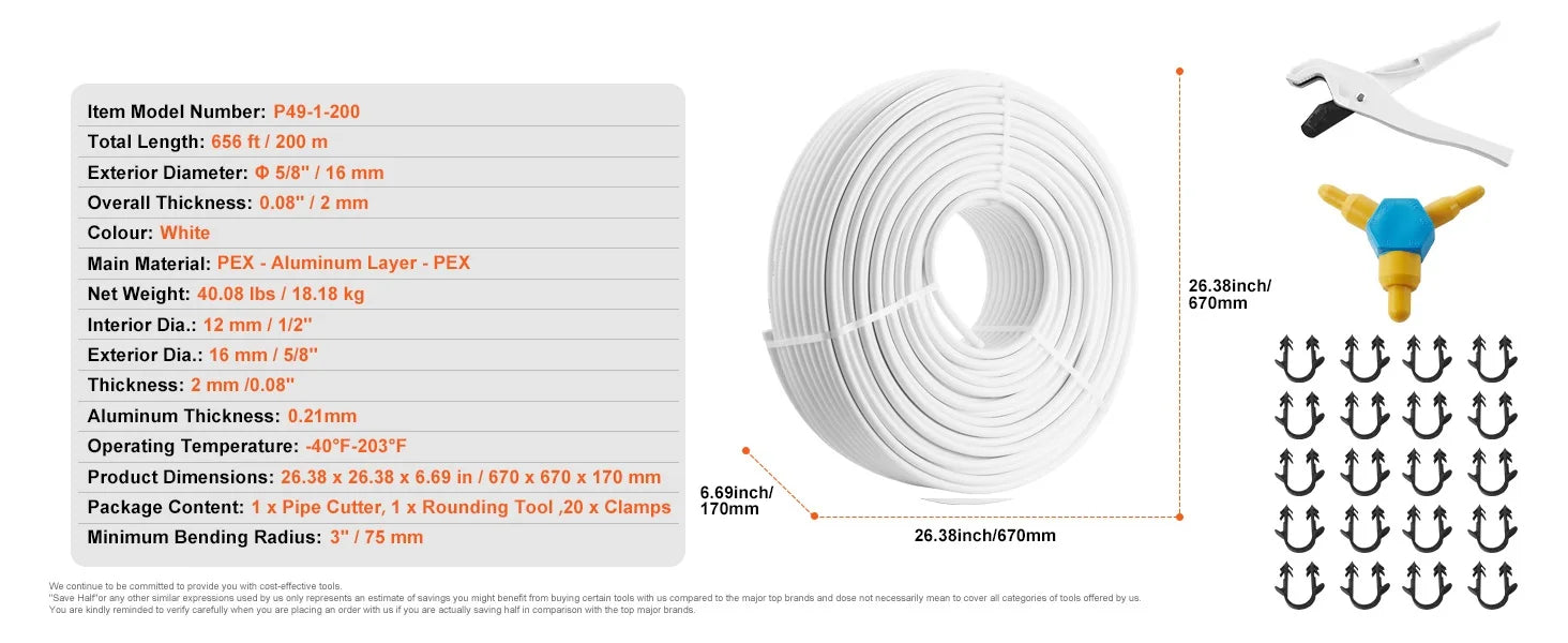 PEX-AL-PEX Radiant Floor Pipe 656ft 5/8" Heating & Plumbing Tube