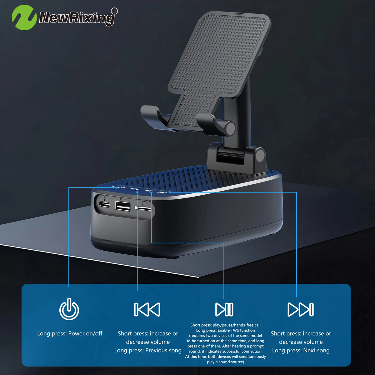 Wireless Phone Holder, Portable Speaker, Speaker Phone Holder, Emergency Power Bank, 1800mAh Battery, USB Charging, Hands-Free