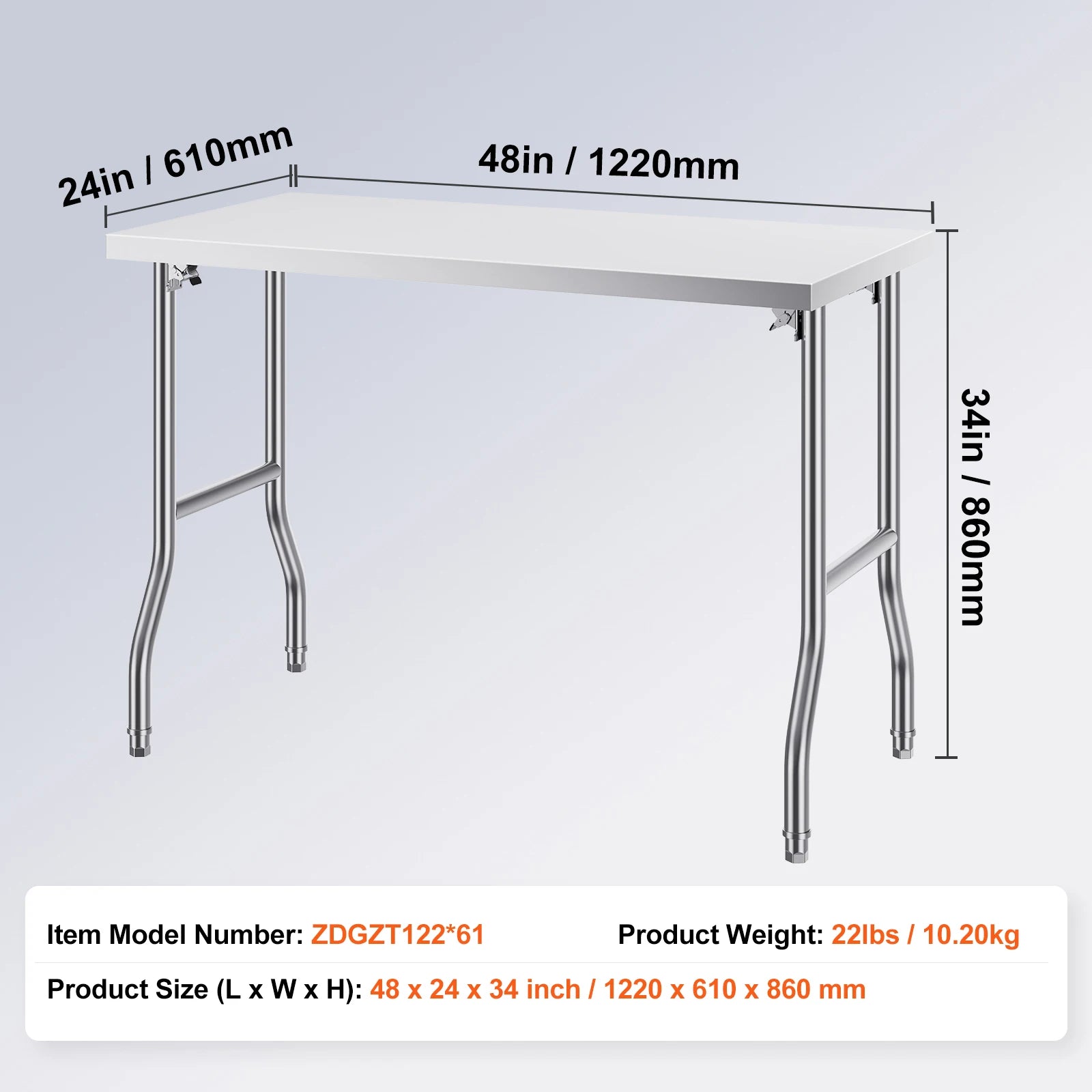 Folding Stainless Steel Work Table with Undershelf 48x24 Inch