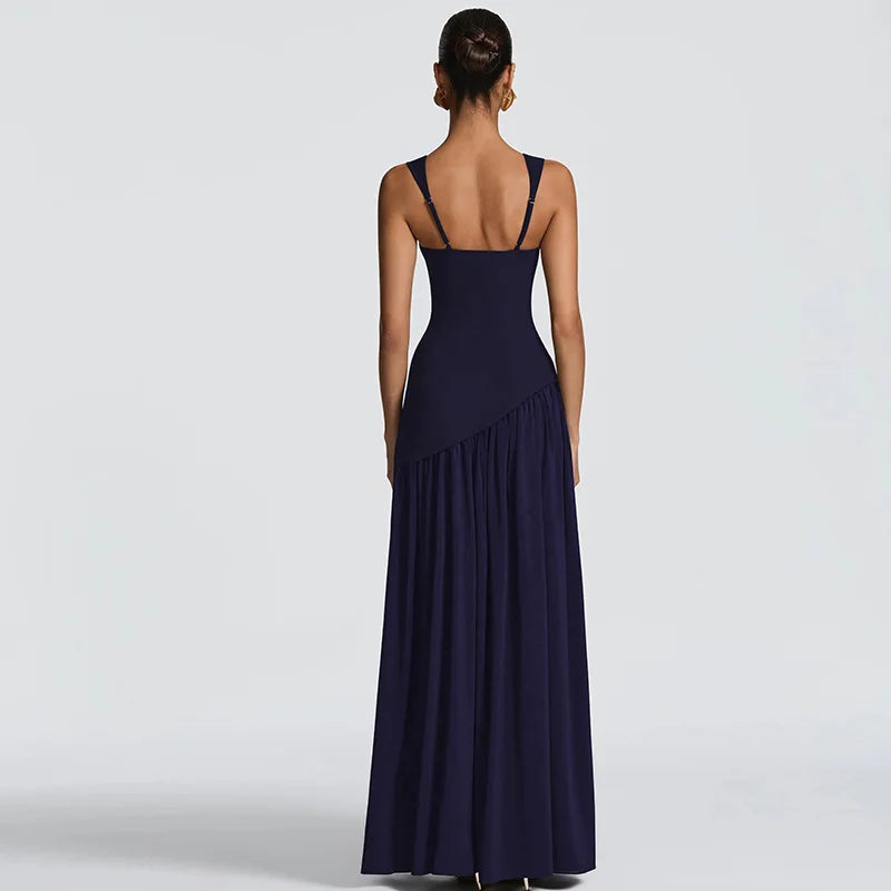 Elegant Sleeveless High Waist Slit Dress with Belted Sash