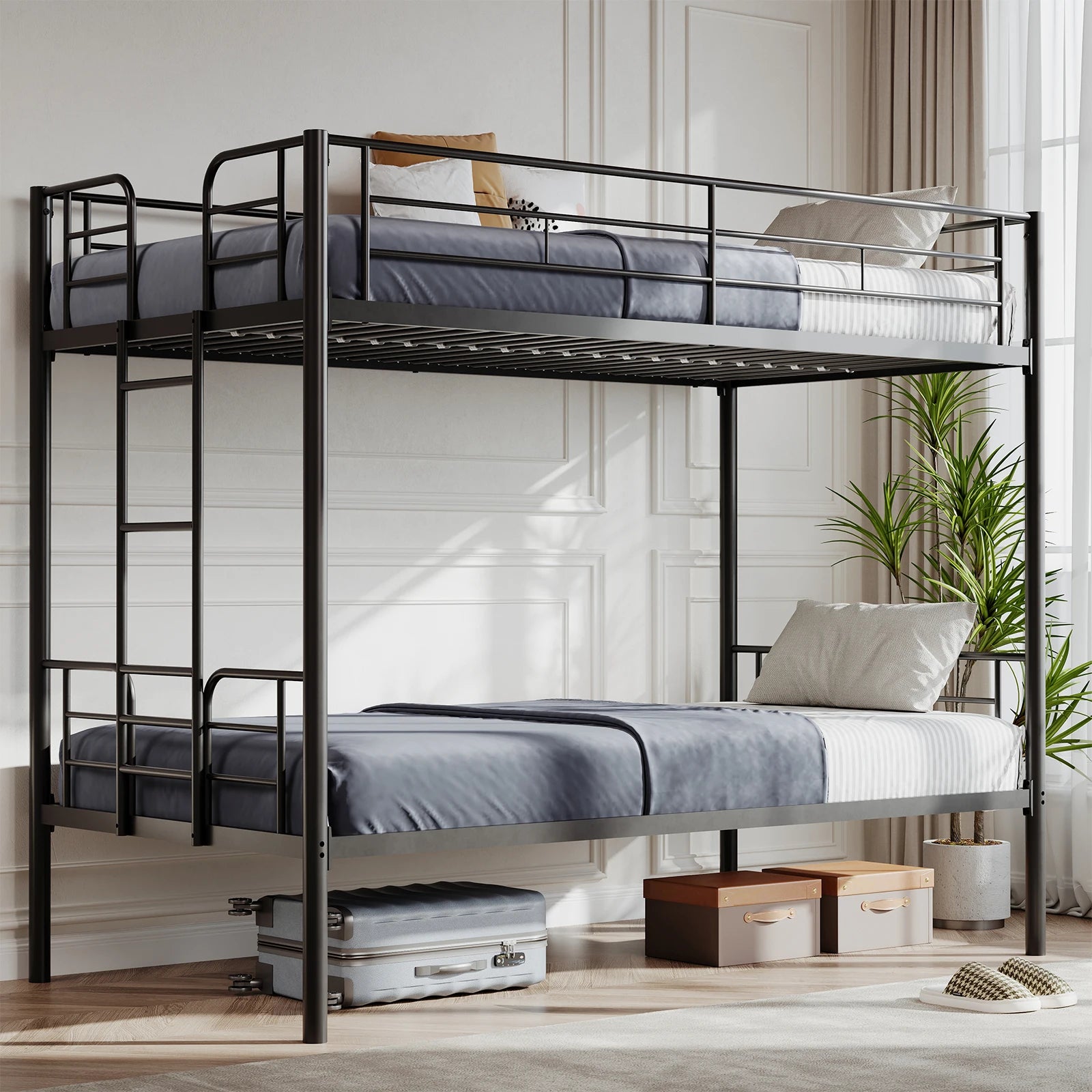 Heavy Duty Metal Bunk Bed Frame with Ladder & Guardrails