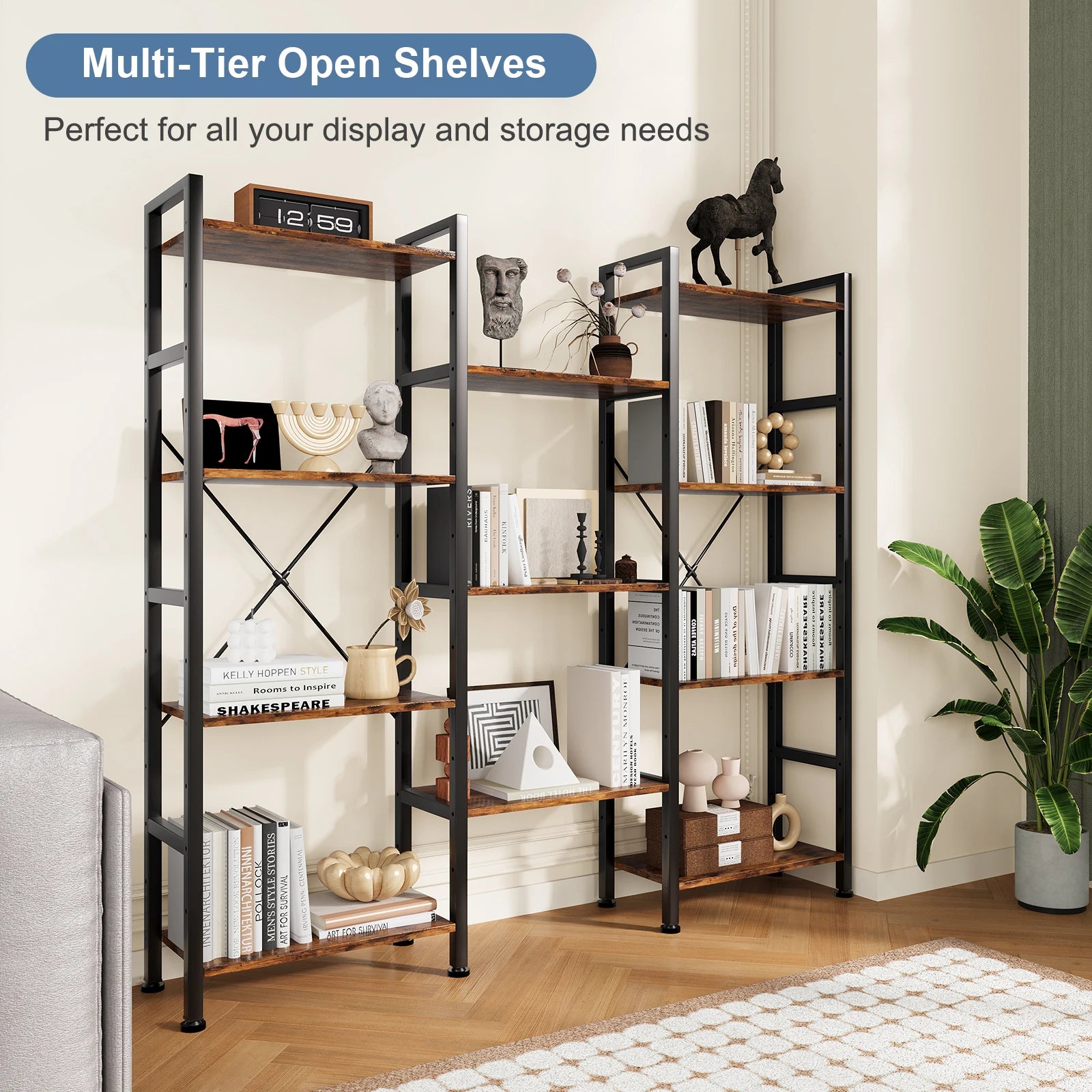 4-Tier Wide Bookshelf with Adjustable Shelves and Metal Frame