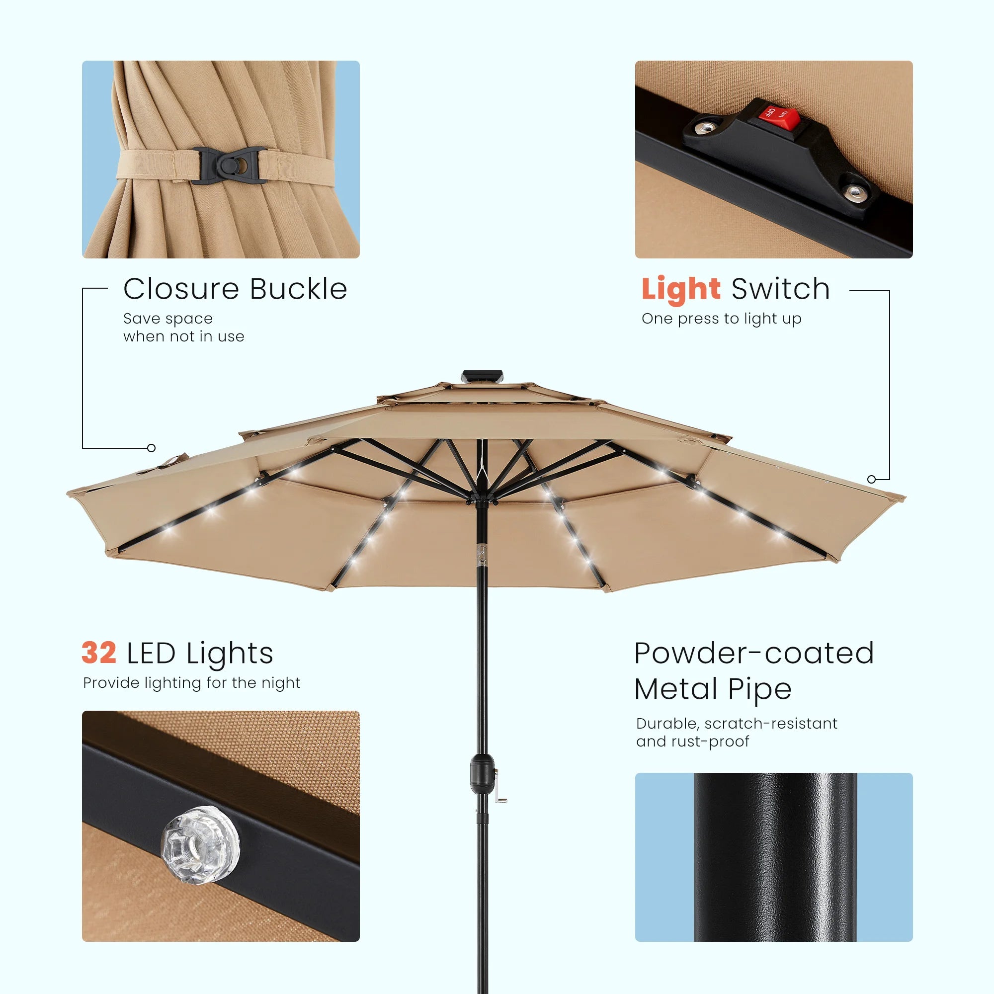 10FT udendørs parasol med solcelle-LED-lys og vippefunktion