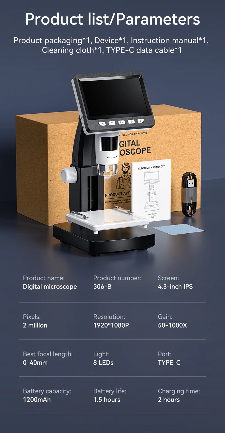 1000X 4.3" LCD Digital Microscope 1080P Coin Microscopio 8 LED Lights USB Magnifier Soldering Repair Video Microscope for Coin 
